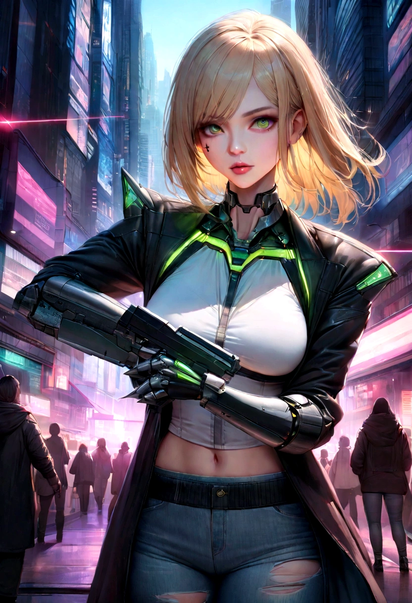 Ultra-detailed realistic images], [First Job], Alexis Texas as a cyberpunk with short spiky blonde hair, Bright green eye and neck circuit tattoo. She wears a black leather coat with neon accents, Torn white blouse, Gray jeans and black boots. She has a bionic arm with metal claws and a neural interface implant in her right temple. She holds a laser pistol in her left hand.、Hold a holographic device in your right hand. She is in the busy streets of a futuristic night city, Surrounded by skyscrapers, Huge dough, Flying cars and people of different styles and ethnicities々. She has a confident and defiant look, As if ready to face danger.