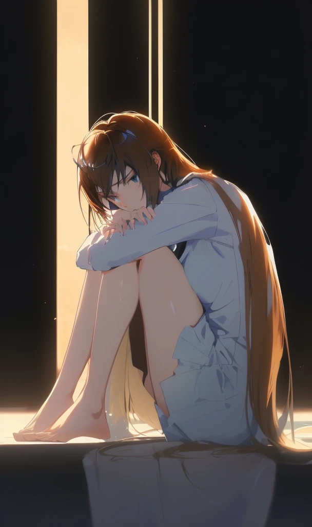 Anime Frau sitting on the floor with her head in her hands, the Anime Frau is crouching, Anime Frau with long hair, ( ( Makoto Shinkai ) ), Ilya Kuvshinov mit langen Haaren, beautiful Anime Frau squatting, deprimierter, trauriger Gesichtsausdruck, makise kurisu, (Anime Frau), Makoto Shinkai. digital render, depressed girl portrait