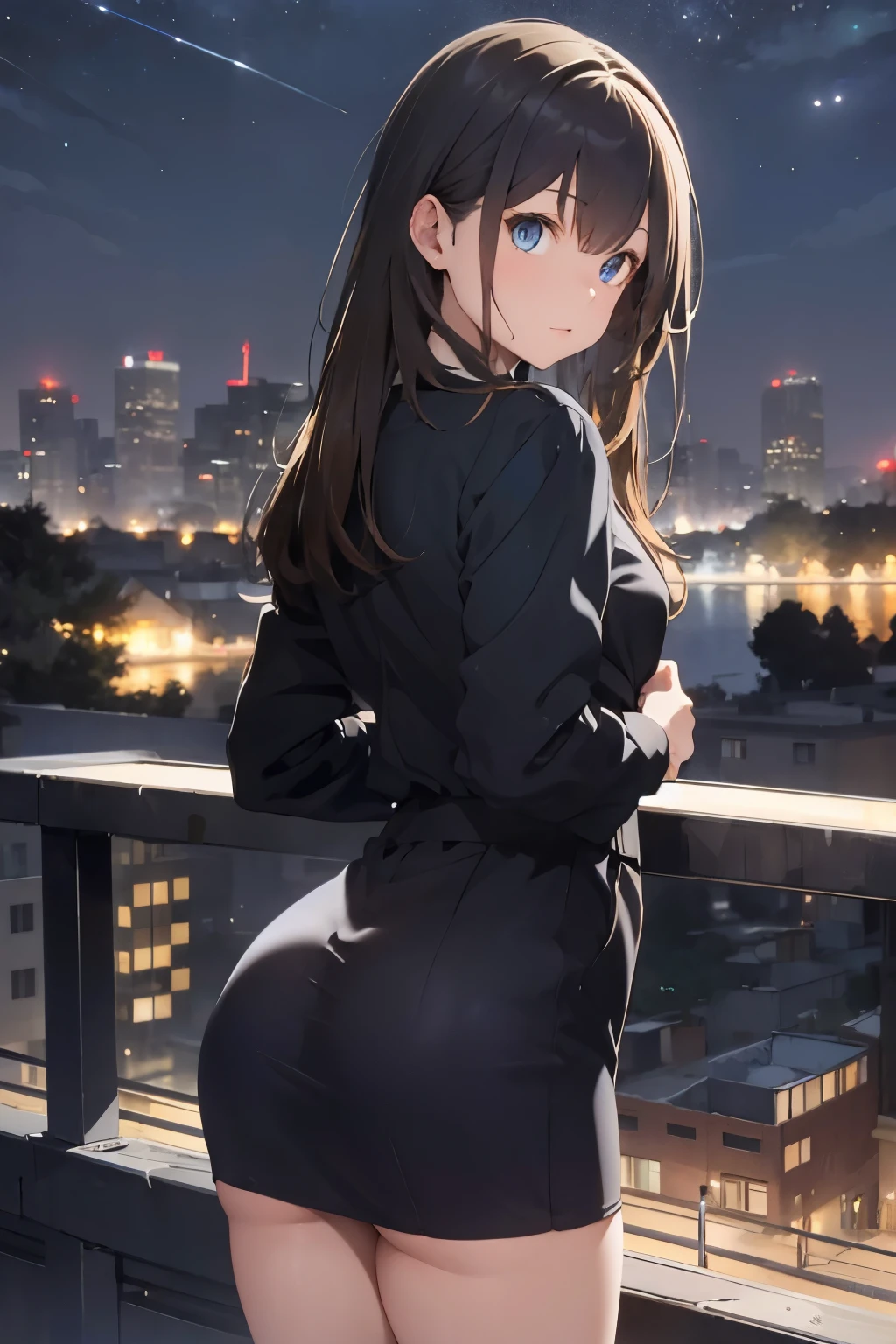 A  girl with brown hair, blue eyes,  and cute. Standing in an all black suit Stand and look back. city view at night