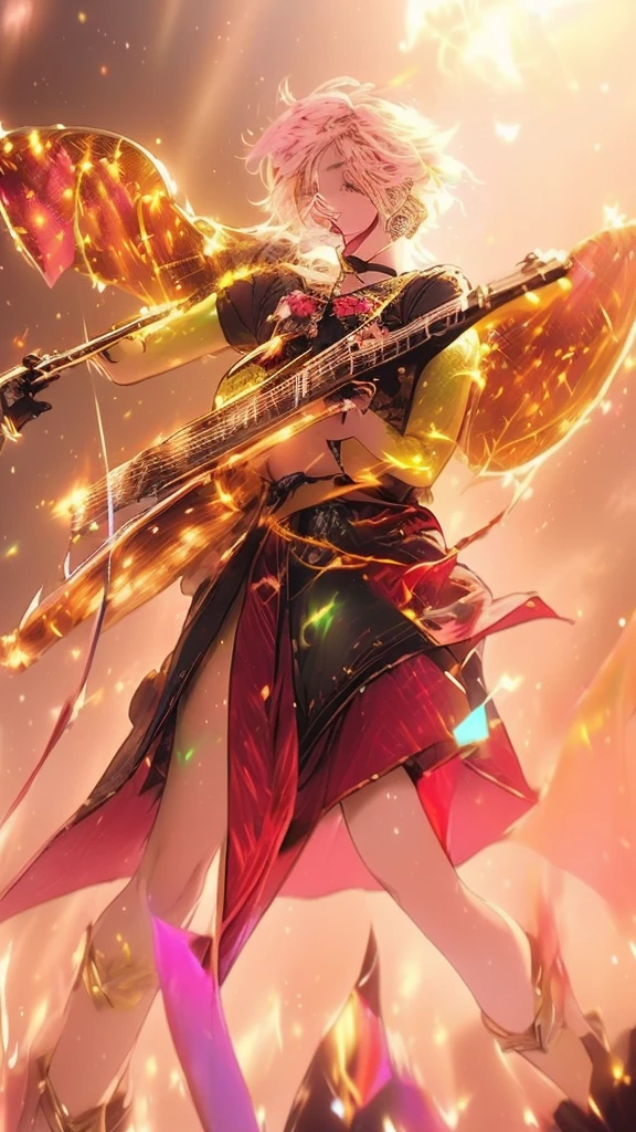 woman, cute, sexy, super Definition, Best Illustration, Cinematic Lighting, Dynamic Angle, Floating, Detail, Glitter, Shine, Shine, Classic, Best Quality, Masterpiece, anime Style, solo, Detailed Costumes, Magic Effects, Transparent Fabric, More Glitters, super Glow, Shine, Flicker, Dazzling, moon, shield, yellow, construct, beautiful, smiling, white pink and yellow green hair, holding a guitar, microphone, singing, concert theme,