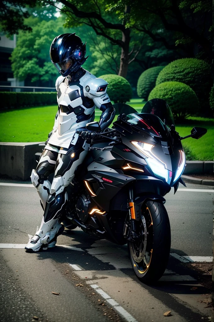 Handsome full body black mecha White short hair cyber handsome warrior, Black cybernetic motorcycle, High-tech black full face helmet, White short hair, Noel, biology, MSHN Staff, High-tech helmet, Surrealism, steel, Complex design, Crazy details, Fine details, The lines are very clear, Light, Photorealism, A meticulous masterpiece