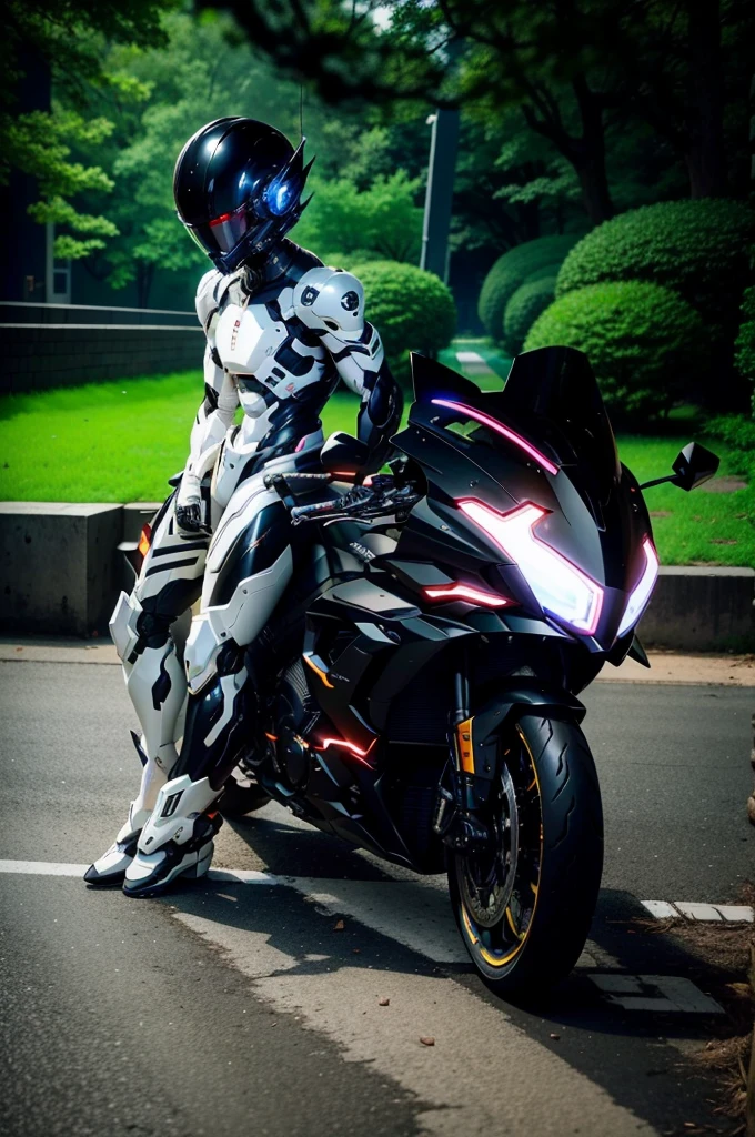 Handsome full body black mecha White short hair cyber handsome warrior, Black cybernetic motorcycle, High-tech black full face helmet, White short hair, Noel, biology, MSHN Staff, High-tech helmet, Surrealism, steel, Complex design, Crazy details, Fine details, The lines are very clear, Light, Photorealism, A meticulous masterpiece