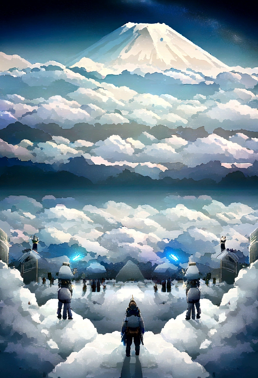 Master Parts、Superior Quality、superior image quality、The 8k quality、Beautiful pictures of the starry sky、magnifica、Arched Milky Way:1.9、Mt fuji、Blue glowing lake:1.9、(snowscape:1.9)