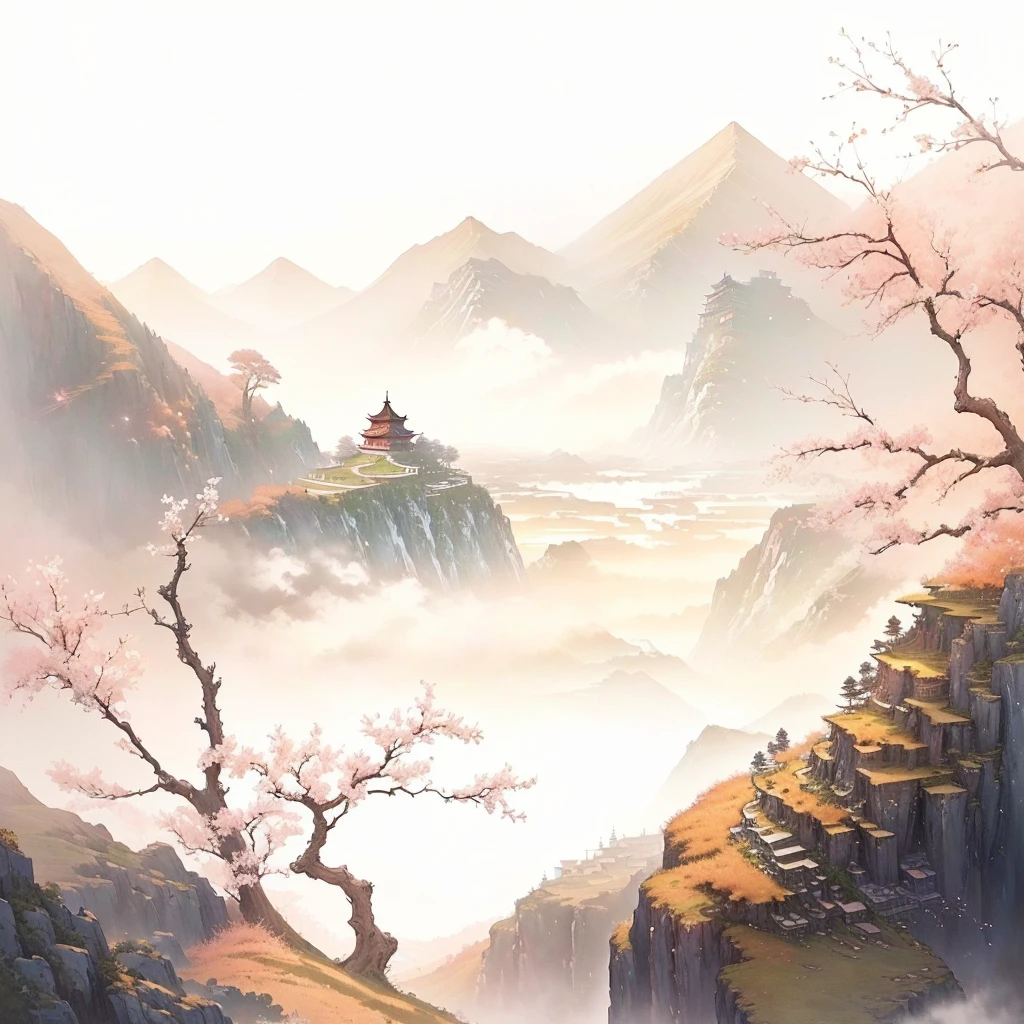 There is a landscape painting,A small tower in the background, Landscape Artwork, Chinese watercolor style, Anime Landscape, Anime Background art, Artistic style, Detailed scenery —width 672, Chinese, Anime beautiful peaceful scene, Landscape Art Detail, Beautiful art UHD 4K, Chinese scenery, Anime Landscape wallpaper, Anime Background, Fantasy Landscape Art,Oriental Aesthetics