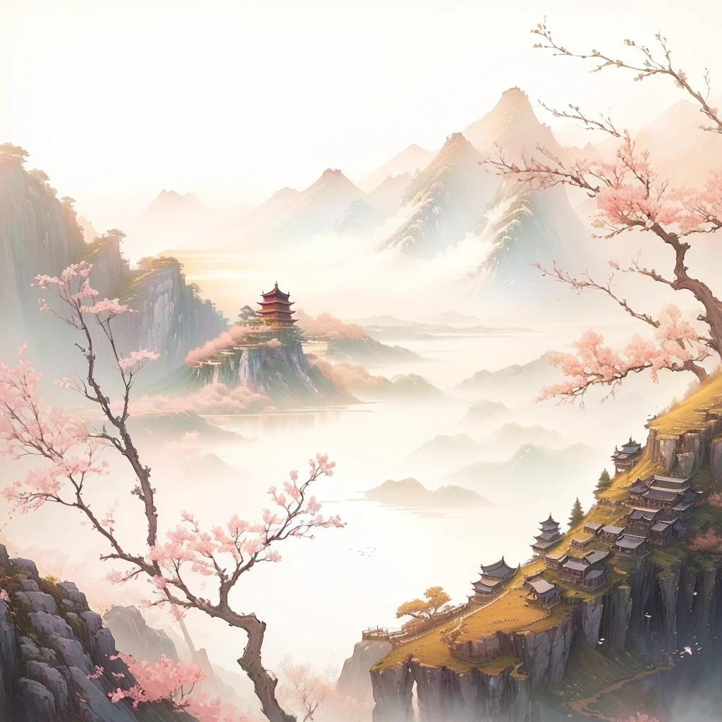 There is a landscape painting，A small tower in the background, Landscape Artwork, Chinese watercolor style, Anime Landscape, Anime Background art, Artistic style, Detailed scenery —width 672, Chinese, Anime beautiful peaceful scene, Landscape Art Detail, Beautiful art UHD 4K, Chinese scenery, Anime Landscape wallpaper, Anime Background, Fantasy Landscape Art，Oriental Aesthetics