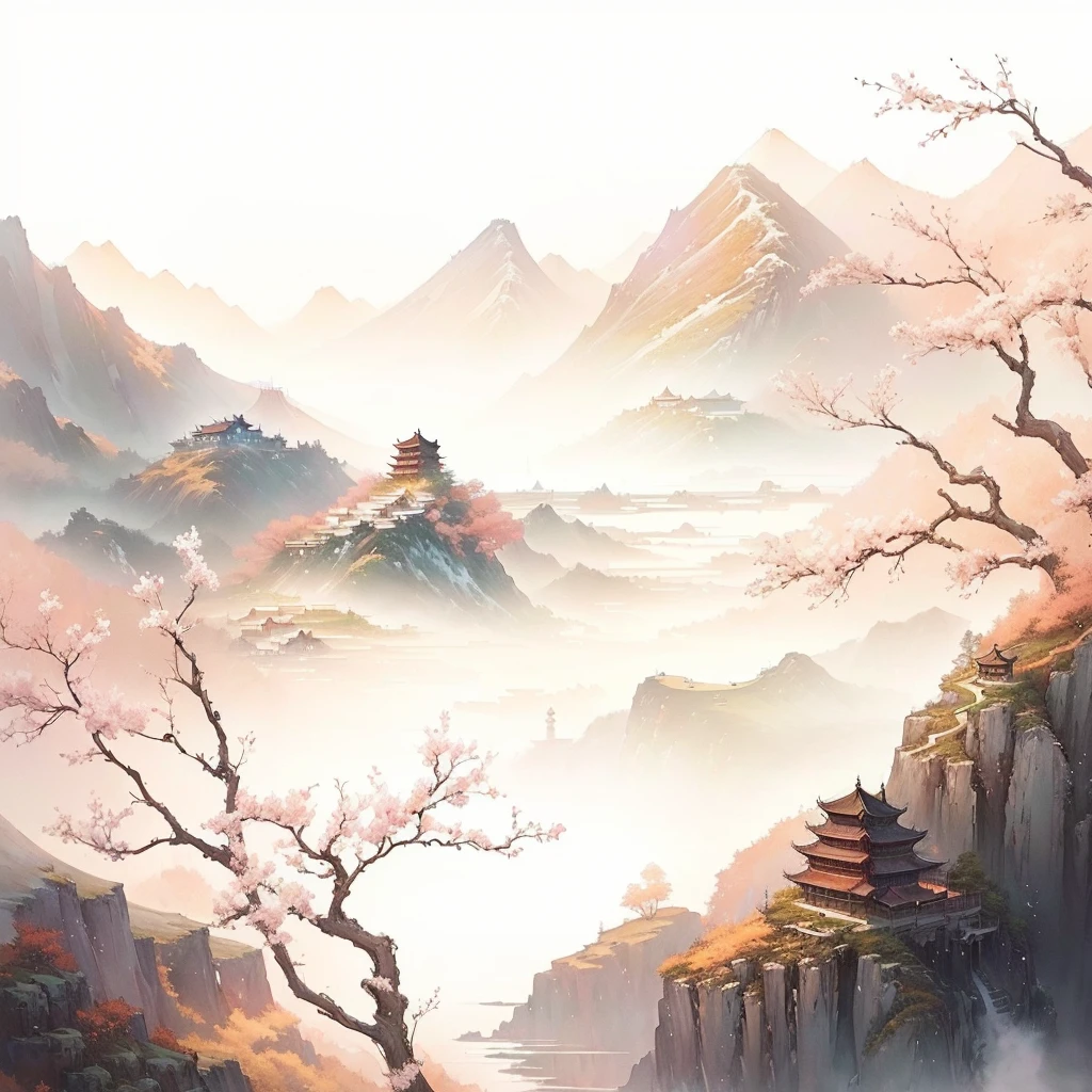 There is a landscape painting，A small tower in the background, Landscape Artwork, Chinese watercolor style, Anime Landscape, Anime Background art, Artistic style, Detailed scenery —width 672, Chinese, Anime beautiful peaceful scene, Landscape Art Detail, Beautiful art UHD 4K, Chinese scenery, Anime Landscape wallpaper, Anime Background, Fantasy Landscape Art，Oriental Aesthetics