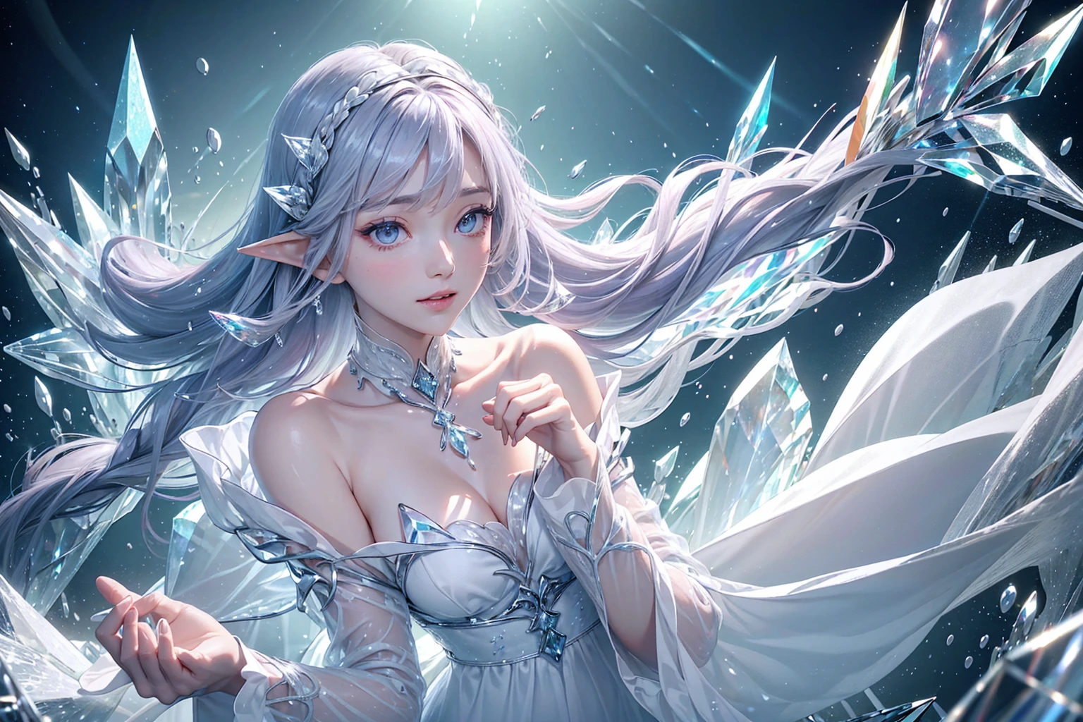 (masterpiece、Highest品質、Highest、Official Art、Beautiful and aesthetic、Long Exposure:1.2)、Smooth movement、Attractive patterns、One Girl、(Long dress with sleeves:1.3)、(((White clothes)))、Upper body close-up、Exposing shoulders、Korean Girls、smile、Light purple long hair、Portraiture、solo、Upper body、Looking at the observer、Detailed Background、Detailed face、(Crystallized AI、Crystal Theme:1.1)、Elemental Wind Elf、回転Wind、 Wind、White crystal clothes、Off the shoulder、Dynamic pose、Suspended particles、Aether Dynamics、旋Wind、vapor、背景に旋Wind、White Tone、旋Wind、Ethereal atmosphere、medium breasts
