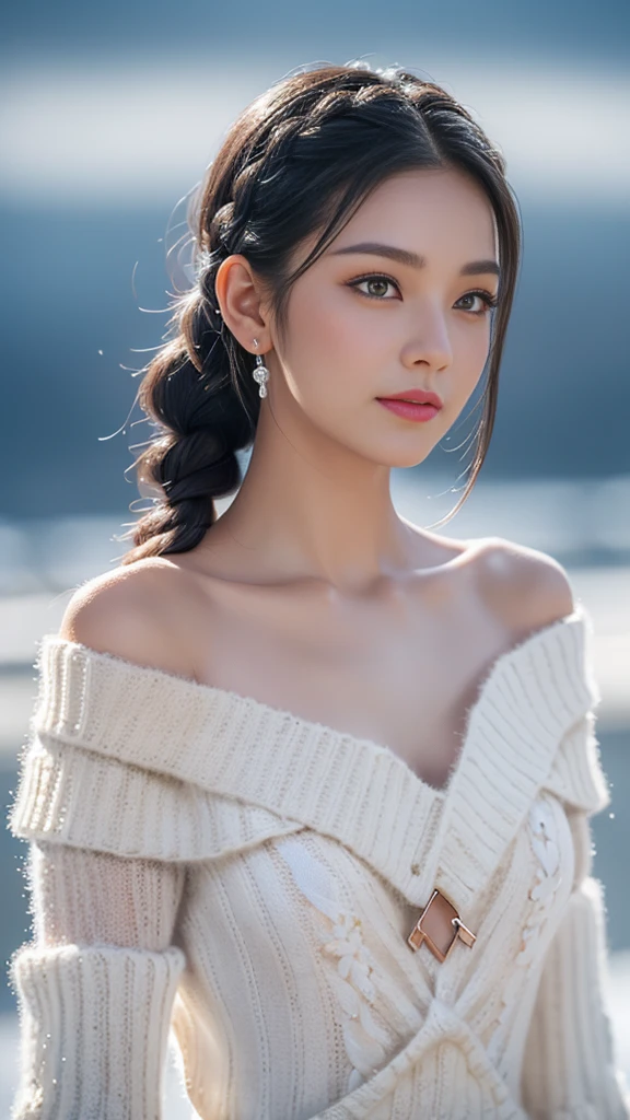 TWICE tzuyu、(Make your subject look three-dimensional with the TWICE tzuyu contrast of light and shadow),(((With the sunset in the background))),(((standing on a snowy mountain in winter:1.3))),cute and beautiful adult woman,cute smile,with blushing cheeks,red lips,(((Off-white off-shoulder knit jumper dress:1.3))),black stockings,Knee-high boots,(silvery hair,floral braided headband,half up、floral braided space bun,voluminous fishtail braid,Twisted pan,),(The bangs are see-through bangs),hairpin,hair ornaments,(((emphasize the chest:1.3))),Breast flick,Detailed clothing characteristics,Detailed characteristics of hair,detailed facial features,(dynamic angle),(dynamic and sexy pose),professional lighting,cinematic light,(highest quality,Ultra high resolution output image,) ,(8K quality,Depth of the bounds written,Anatomically accurate facial structure,),(sea art 2 mode:1.3),(Image mode Ultra HD,),(3D Realistic Photography:1.3)