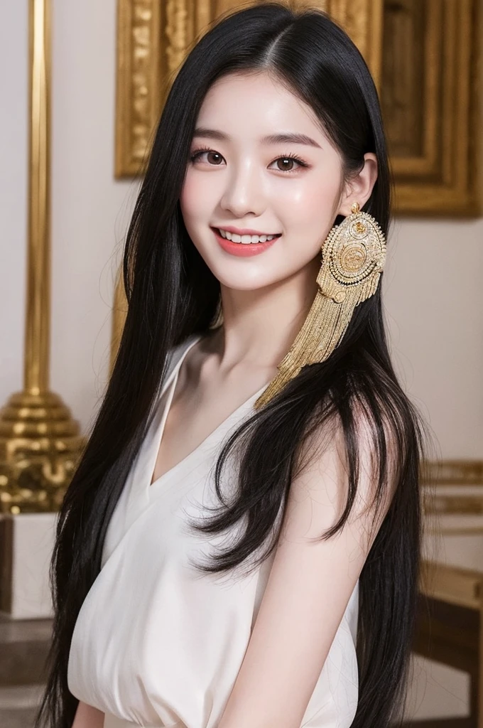 22-year-old girl, with gray eyes, pale white skin, slim figure, smiling, black hair, fashionable, photo taken with an ultra-realistic professional camera, she is in a temple to a cult