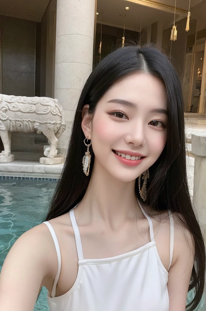 22-year-old girl, with gray eyes, pale white skin, slim figure, smiling, black hair, fashionable, photo taken with an ultra-realistic professional camera, she is in a temple to a cult