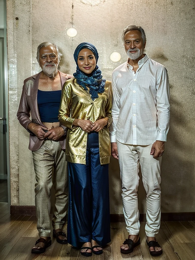 3d caricature, in an elegant room with beautifully decorated walls, there stood two people celebrating a formal event.  The first person on the left is wearing a traditional blue patterned shirt and beige trousers, complete with brown shoes.  Meanwhile, the second person on the right is wearing a long blue dress with gold accents and a matching hijab, combined with brown sandals.  They stood side by side, showing a special celebratory atmosphere. Very realistic, extreme details, photography, UHD 8k