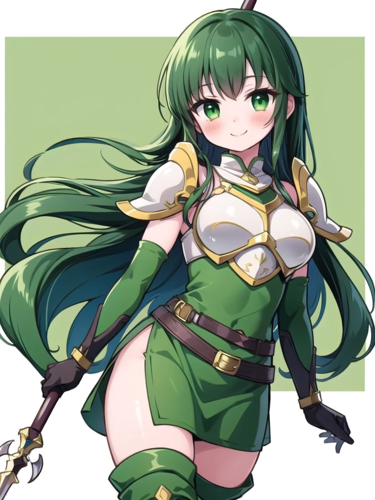 1girl, masterpiece, best quality, perfect hands, green hair, very long hair, palla_echoes, long hair, dress, green elbow gloves, belt, armor, green thigh boots, short dress, shoulder armor, side slit, breastplate, white headband, pegasus knight uniform \(fire emblem\), smile, spear, blush