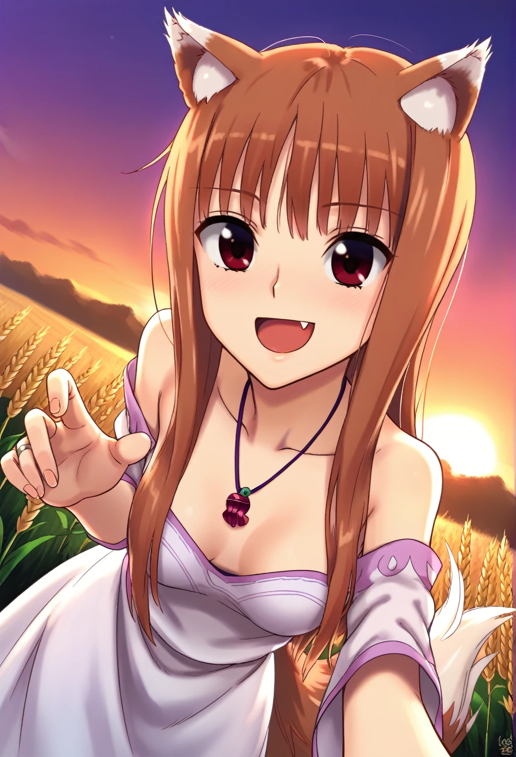 score_9, best quality, masterpiece, uncensored, source_anime
BREAK
1girl, solo, standing, holo \(spice and wolf\), wolf girl, wolf tail, wolf ears, wheat field, detailed background, evening, wedding dress, presenting ring, pov, smile, open mouth, upper fang