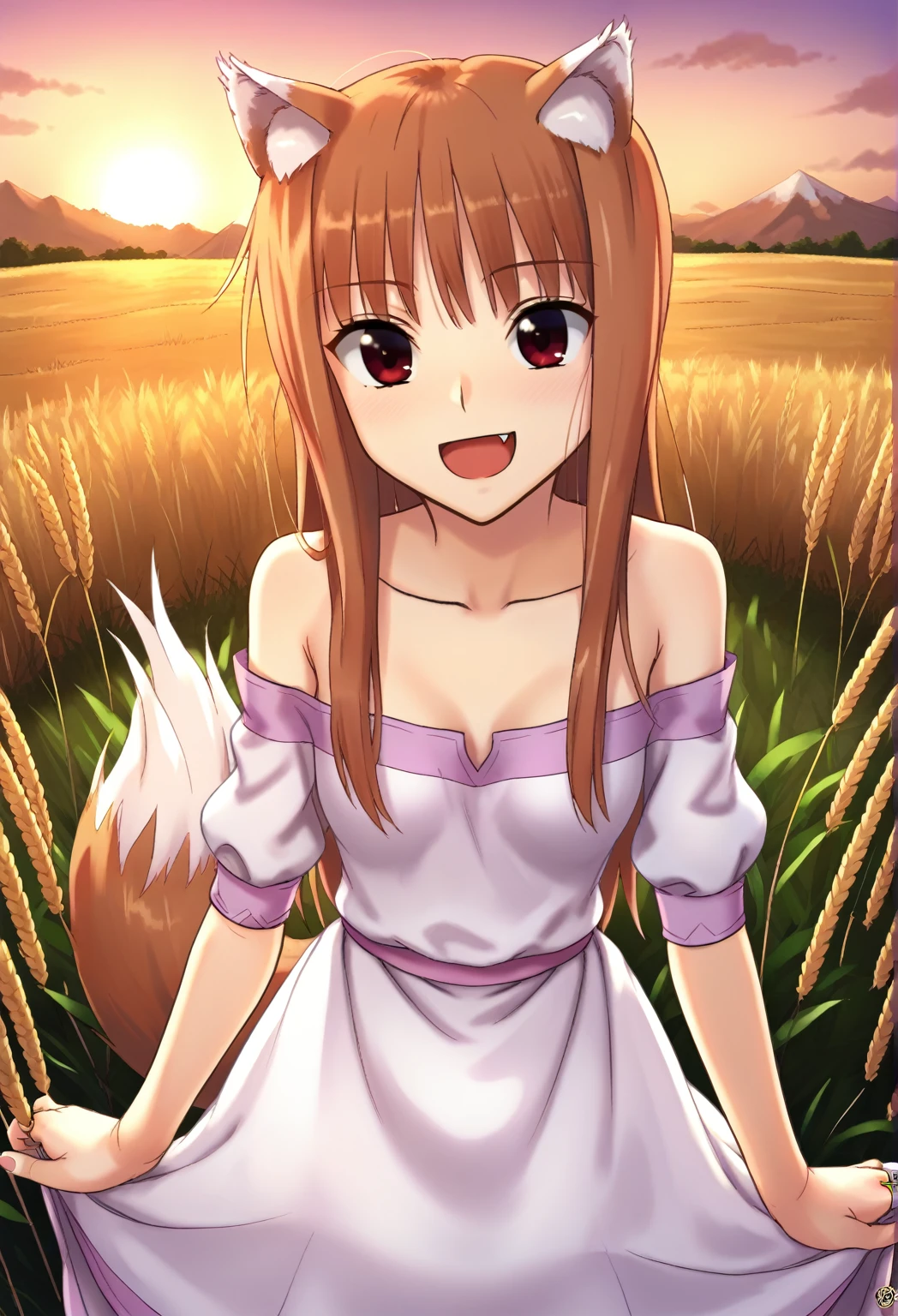 score_9, best quality, masterpiece, uncensored, source_anime
BREAK
1girl, solo, standing, holo \(spice and wolf\), wolf girl, wolf tail, wolf ears, wheat field, detailed background, evening, ((wedding dress, wedding veil)), wedding ring, pov, smile, open mouth, upper fang