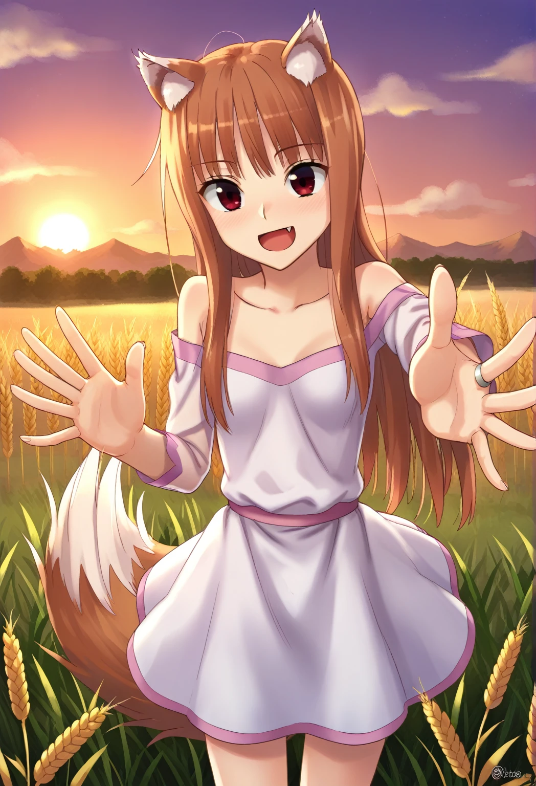 score_9, best quality, masterpiece, uncensored, source_anime
BREAK
1girl, solo, standing, holo \(spice and wolf\), wolf girl, wolf tail, wolf ears, wheat field, detailed background, evening, wedding dress, presenting ring, pov, smile, open mouth, upper fang