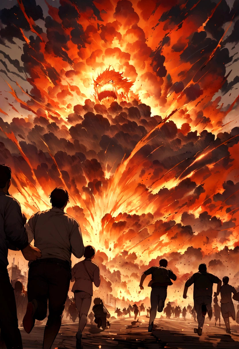 Depict a dramatic scene of a massive fire engulfing the city, with people running and screaming in panic.