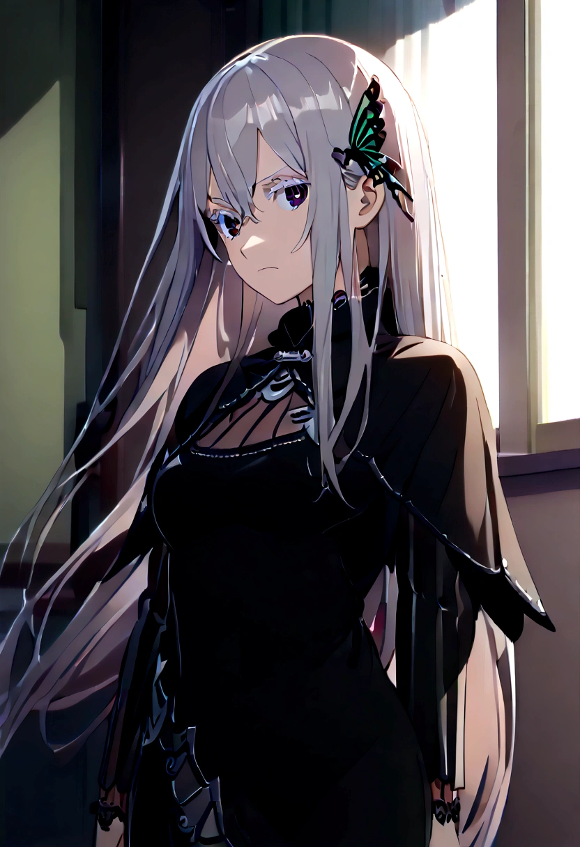 echidna, echidna, Colored eyelashes, Gray Hair, Hair between the eyes, Long Hair, Straight hair, (Iris:1.5),
break black Capelet, black dress, butterfly hair ornaments, Capelet, dress, hair ornaments,
break looking at viewer, whole body,
break indoors, classroom,
break (masterpiece:1.2), Highest quality, High resolution, unity 8k wallpaper, (figure:0.8), (Beautiful attention to detail:1.6), Highly detailed face, Perfect lighting, Highly detailed CG, (Perfect hands, Perfect Anatomy),