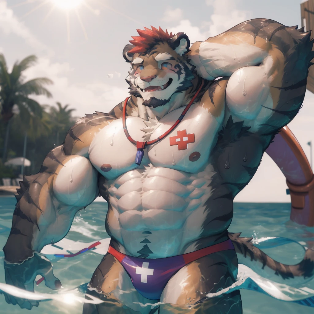 masterpiece, best quality, 8k resolution, Very detailed, hairy,tiger,((red hair)),muscle,Strong,超大muscle,((Sweating)),(((Purple Eyes))),For the audience,(((Lifeguard))),portrait,(((Shirtless))),(Highest quality scene),(((thong))),(((Nautical Mile))),(((smiling))),(((Hip bulge))),(((Ultra clear eyes)),(((Blushing))),((Solitary)),((whole body)),(((Sunlight))),(((Swimming style))),((Mature)),(((Uncle)))