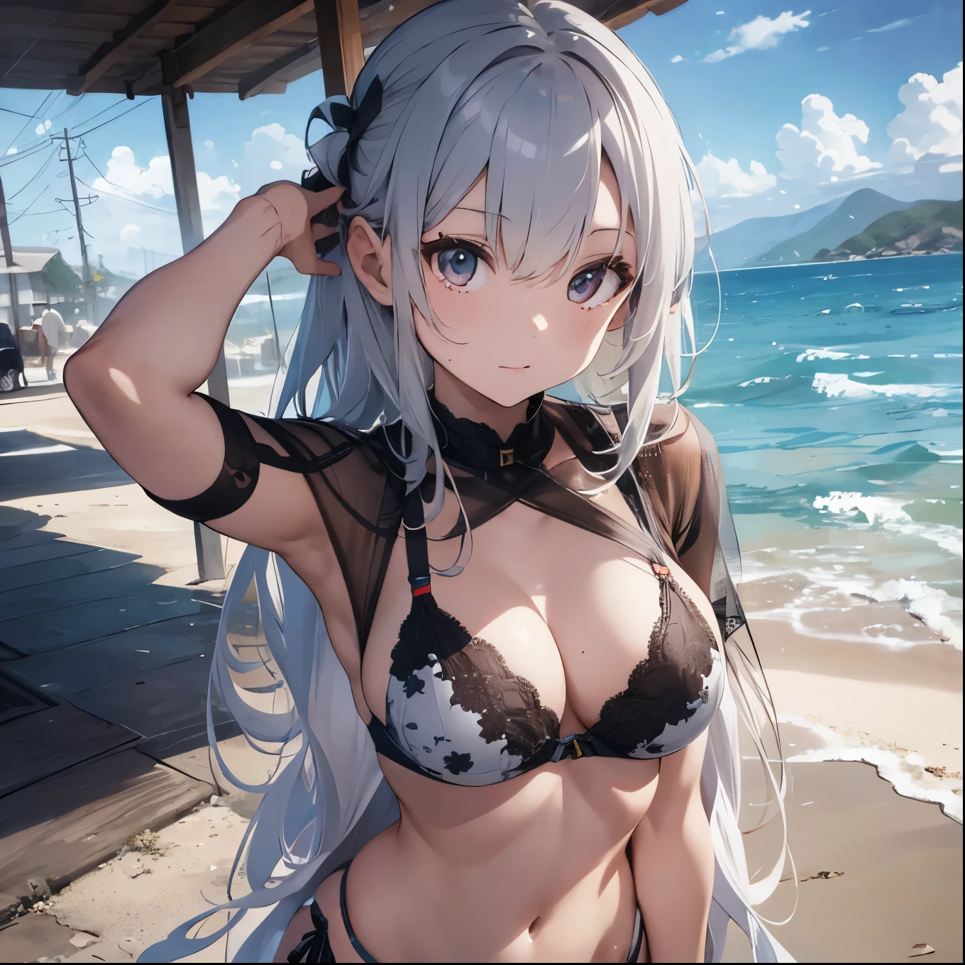 Silver-haired girl drawn in high resolution Japanese anime style、whole body、Women in yellow bikinis taking photos on a deserted beach, model bikini, , Young and cute gravure idol, Posing together in a bra, Russian and Japanese mix, sakimichan, Asian woman, Wear a swimsuit, that'that'that'that'that'that'that'that'that'that'that'that'that'that'that'that'that'that'It's hot with the shining sun, Japanese Model, Cute Core, sakimichan HDRI, Young Gravure Idol, Chubby