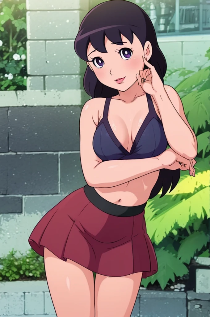 (absurdres, highres, ultra detailed), masterpiece, hinata(boruto), ((solo)), 1girl,medium breasts, long purple victorian style dress, closed mouth, (((long hair))),standing, the bodice and the skirt pattern, frill skirt, lace, blink blink effect, (((detailed lips))), garden, pink and yellow flowers, ((realistic skin)), glowing skin, ((glossy red lips)), purple eyes, portrait, beautiful, smile, (((dark blue hair))), bust crop, normal skin