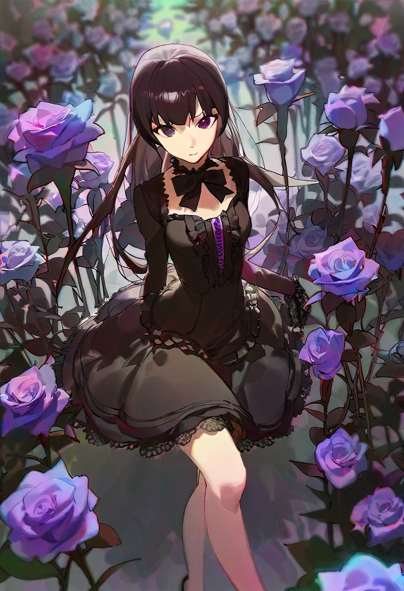 A girl surrounded by black roses, in fantasy world, full body, scared, black long hair, Purple mix black eyes, in black sexy dress with frills and lace, aesthetic, beautiful color, (amazing quality:1.5), by modare, by ask, by ikky, depth of field, chromatic aberration, black theme, perspective, amazing lighting and shadow