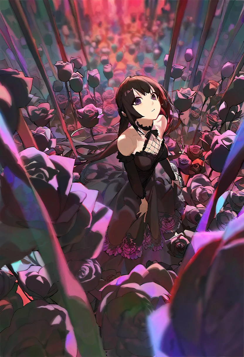 A girl surrounded by black roses, in fantasy world, full body, scared, black long hair, Purple mix black eyes, in black sexy dress with frills and lace, aesthetic, beautiful color, (amazing quality:1.5), by modare, by ask, by ikky, depth of field, chromatic aberration, black theme, perspective, amazing lighting and shadow