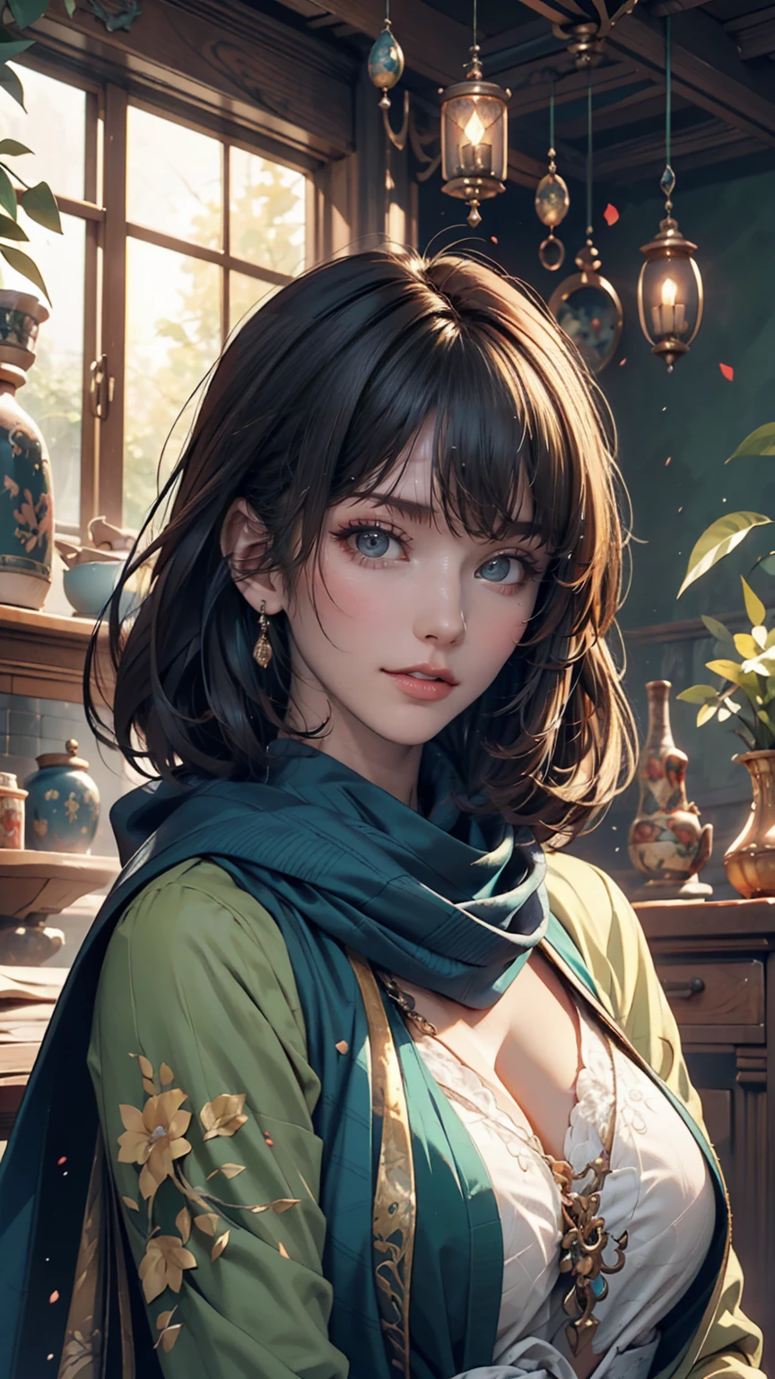 Woman in a blue dress with a long green scarf, Beautiful character drawings, Beautiful Fantasy Empress, Jan J, style of art gelm, art gelm and ruan jia, extremely detailed art gelm, trending art gelm, art gelm. Anime illustration, ruan jia and art gelm, Inspired by Fuhua, art gelm detailed