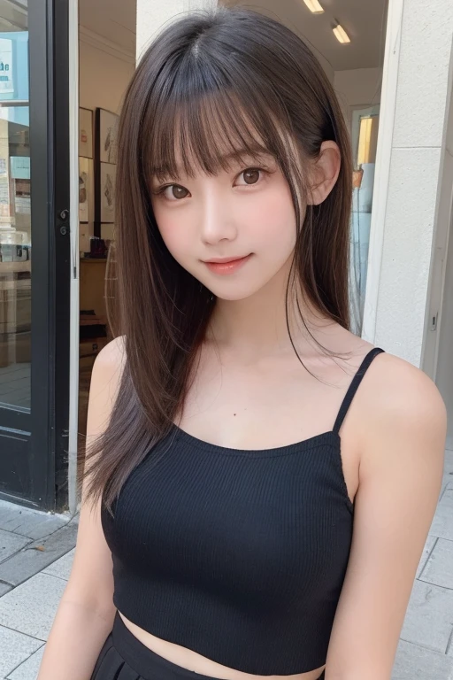 One Girl, (beautiful girl, Delicate girl:1.3), (:1.3), break, Exceptional clarity, (Symmetrical eyes:1.3), break, (Street Snap:1.3), perfectly trimmed fingers, break, Large Breasts, Brown eyes, Parted bangs, Brown Hair, break, (Eye and facial details:1.0), break, (masterpiece, Highest quality, Very detailed, Detailed face, 8k)、Highest quality、Beautiful woman、Wearing a sleeveless black top and skirt、A shy smile、Solar illumination、Long Hair、Browsing Caution、ponytail
