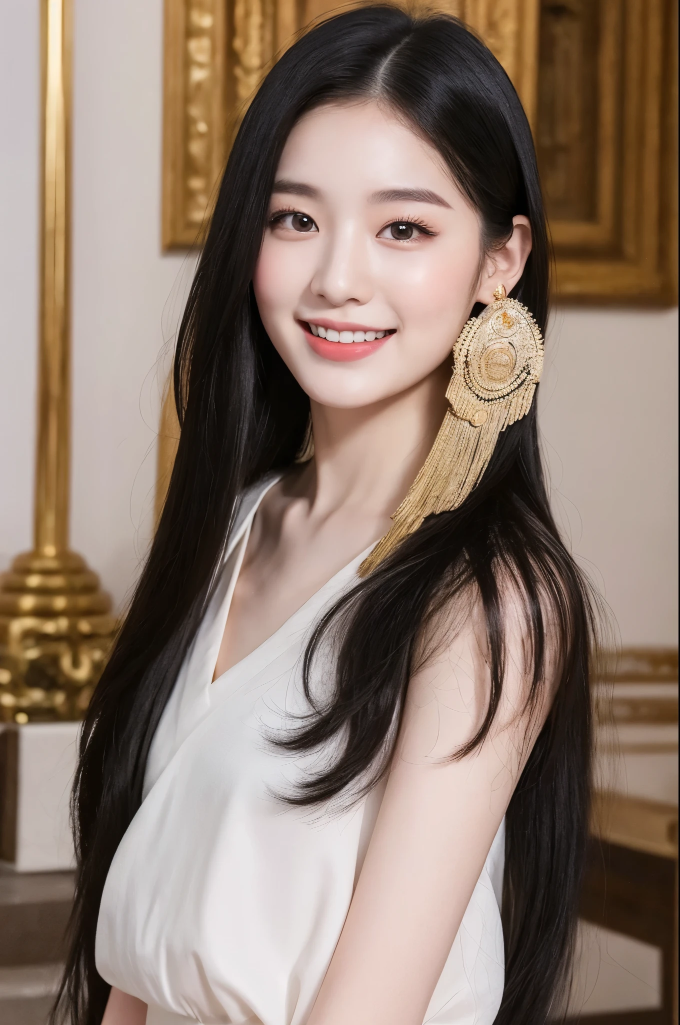 22-year-old girl, with gray eyes, pale white skin, slim figure, smiling, black hair, fashionable, photo taken with an ultra-realistic professional camera, she is in a temple to a cult