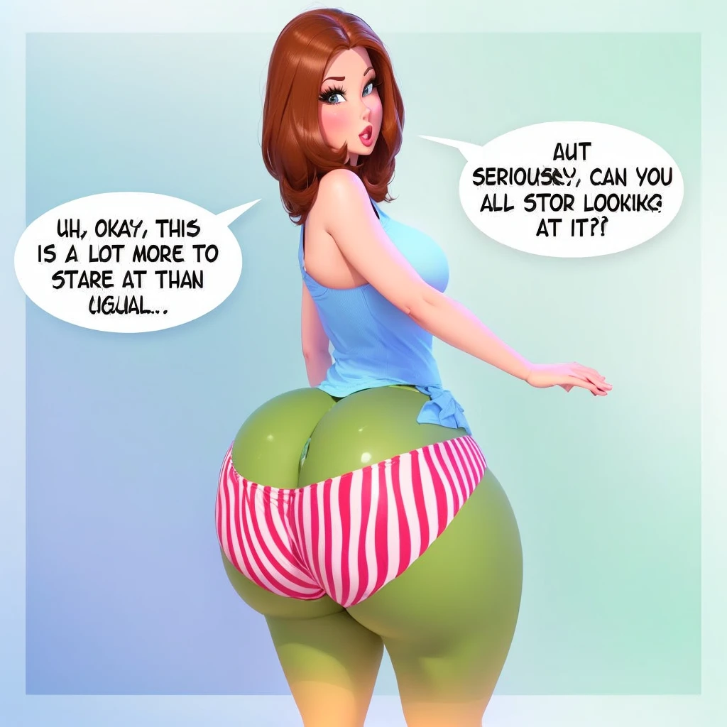 cartoon of a woman in a striped panties with a speech bubble, thick thigs, giantess art, realistic cartoon, comic digital art, insanely inflated hips, thicc, buttshape, high detailed cartoon, 3 d cartoon, short cartoon strip, big cheeks, cartoon digital art, really realistic, comic pinup style, digital art cartoon, comic artwork, very realistic, gigantic ass, ass inflation,