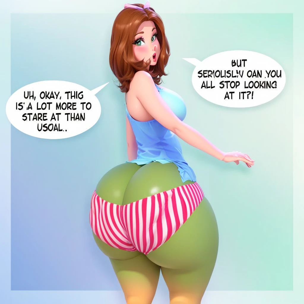 cartoon of a woman in a striped panties with a speech bubble, thick thigs, giantess art, realistic cartoon, comic digital art, insanely inflated hips, thicc, buttshape, high detailed cartoon, 3 d cartoon, short cartoon strip, big cheeks, cartoon digital art, really realistic, comic pinup style, digital art cartoon, comic artwork, very realistic, gigantic ass, ass inflation, 