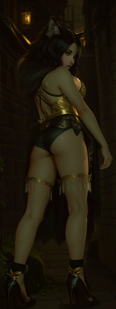 A werewolf, its fur a mix of silver and gold, eyes
glowing with an otherworldly intensity. The image is
a digitally rendered painting,Cropped shoulders, Mini
skirt, Big thighs, Oily skin, The werewolf's claws are
adorned with ornate Victorian engravings, contrasting
against its savage appearance. The background is a
smoky, dimly lit alleyway, adding an air of mystery
to the already captivating creature. The overall
quality of the image is absolutely breathtaking, s
howcasing the artist's skill in blending fantasy
and historical elements seamlessly.