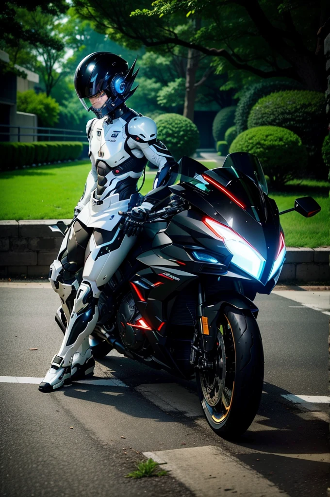 Handsome full body black mecha White short hair cyber handsome warrior, Black cybernetic motorcycle, High-tech black full face helmet, White short hair, Noel, biology, MSHN Staff, High-tech helmet, Surrealism, steel, Complex design, Crazy details, Fine details, The lines are very clear, Light, Photorealism, A meticulous masterpiece