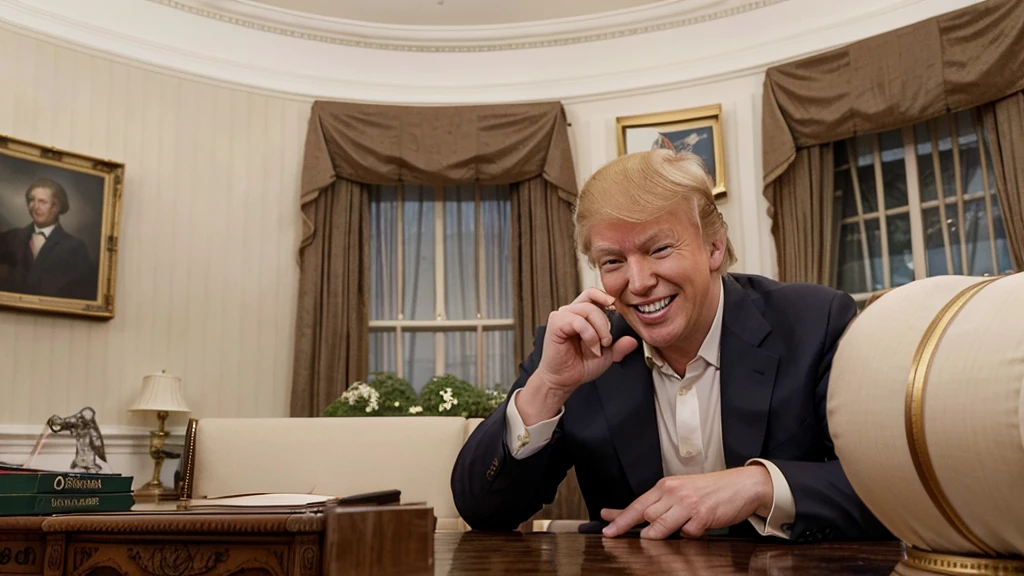 Create a high-resolution image of Donald Trump laughing at his desk in the Oval Office of the White House. The background should show the iconic elements of the Oval Office, including the American flag and the presidential seal. Ensure the scene captures the grandeur and official setting of the room