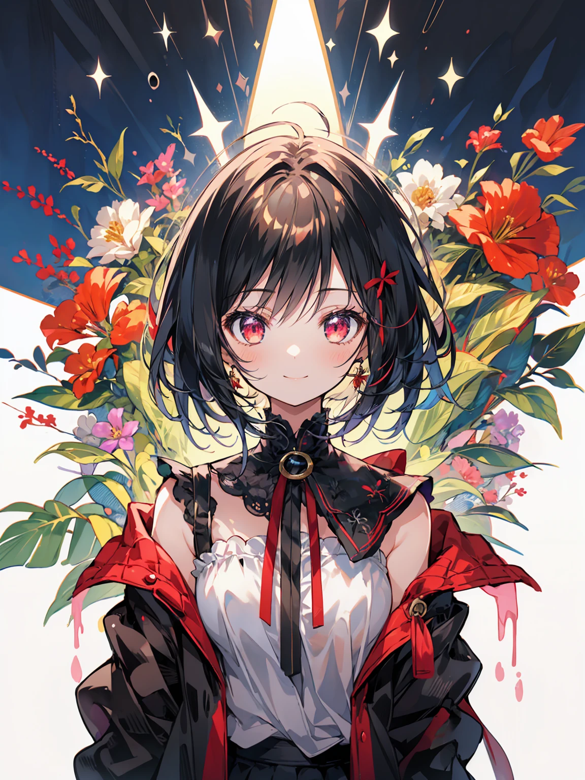 (masterpiece, highest quality, highest quality, (No text), Beautiful and aesthetic:1.2),No text,anime、 BREAK,One Girl,Short black hair Beautiful eyes Red eyes cool smile cute Black jacket mini skirt whole body night