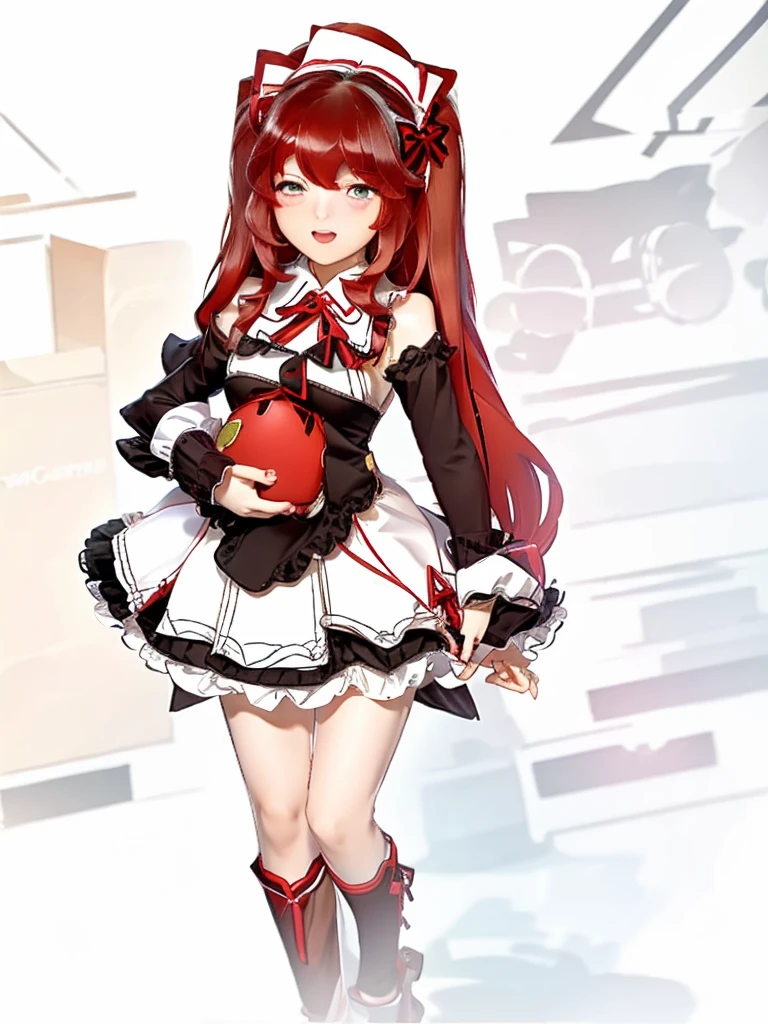 A girl，Standing picture，whole body，Character Design，Red Hair，Bow ruffles，apple