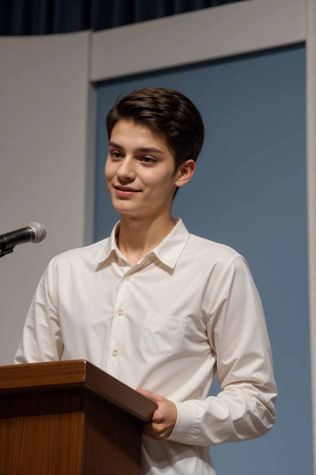 A cute, beautiful, black-haired male twink is wearing a luxurious, bright white long-sleeved shirt and jeans. He is in his medical school graduation speech, looking proud.