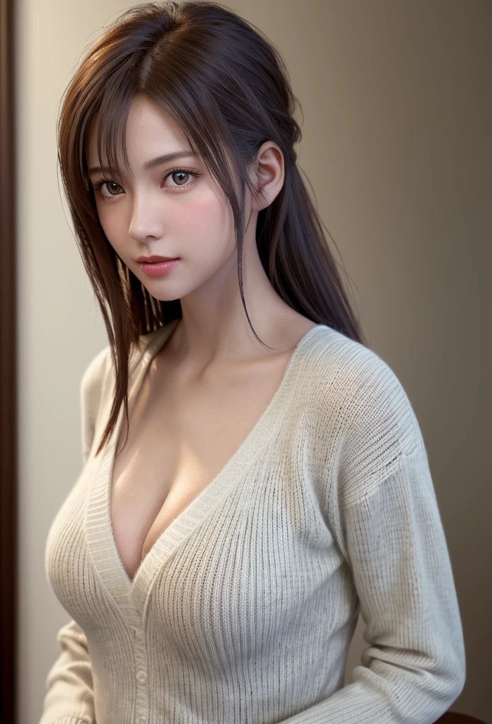 8K, of the highest quality, masutepiece:1.2), (Realistic, Photorealsitic:1.37), of the highest quality, masutepiece, Beautiful young woman, Pensive expression,、A charming、and an inviting look, Oversized knitwear、cleavage of the breast, Hair tied back, Cinematic background, Light skin tone