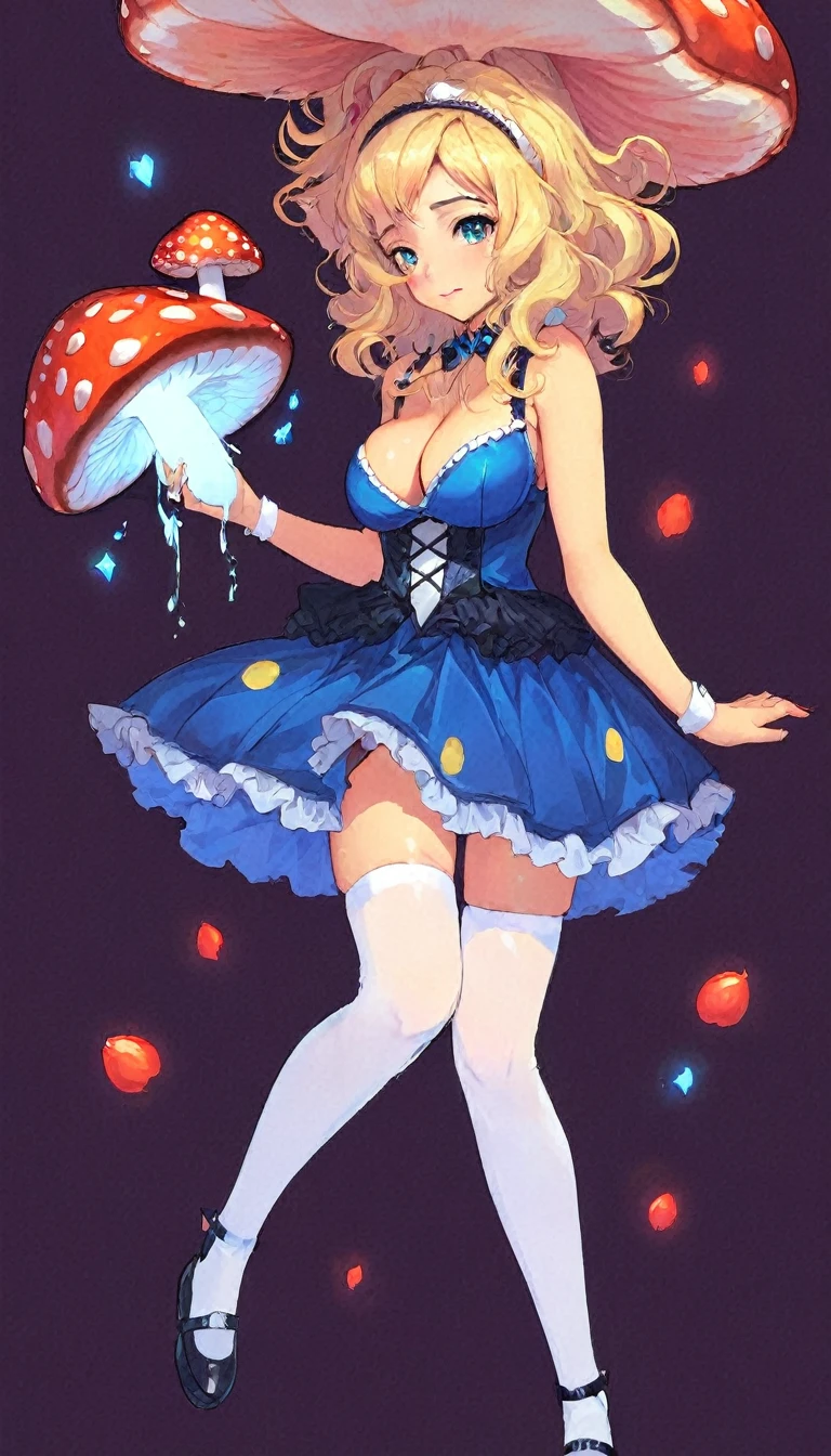 a beautiful 20 year old blonde woman with big messy hair in a blue dress, white stockings, black headband, cleavage, holding a glowing mushroom, fantasy art style, rossdraws cartoon vibrant, alice in wonderland cyberpunk, cute detailed digital art, colorfull digital fantasy art, digital fantasy art ), glossy digital painting, rossdraws pastel vibrant, rossdraws 2. 5, rossdraws 1. 0