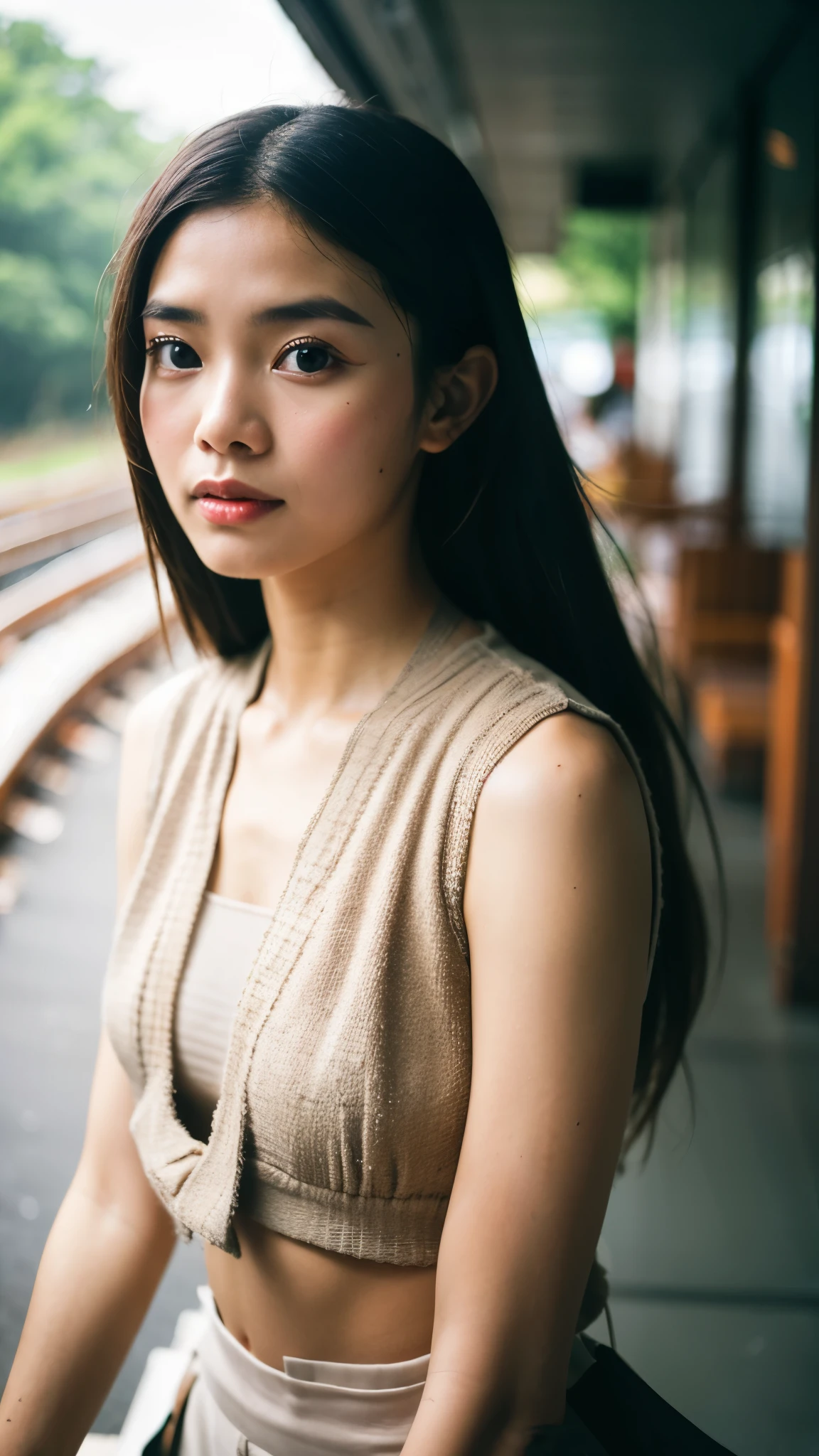 Cinematic Photo of a beautiful Indonesian fashion model bokeh train