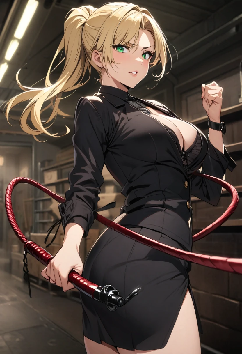  dark leather, hair covers the eye, rpg, ,  bare shoulders are visible,  1 girl fights,  long blond hair, brown hair , 4K,  red eyes , , fox ears,  standing device, hair template ,   red stripes on face, makeup,   black mascara  , cutout,  unbuttoned buttons ,  vest , bra,  short dress , , glasses, at school, ass