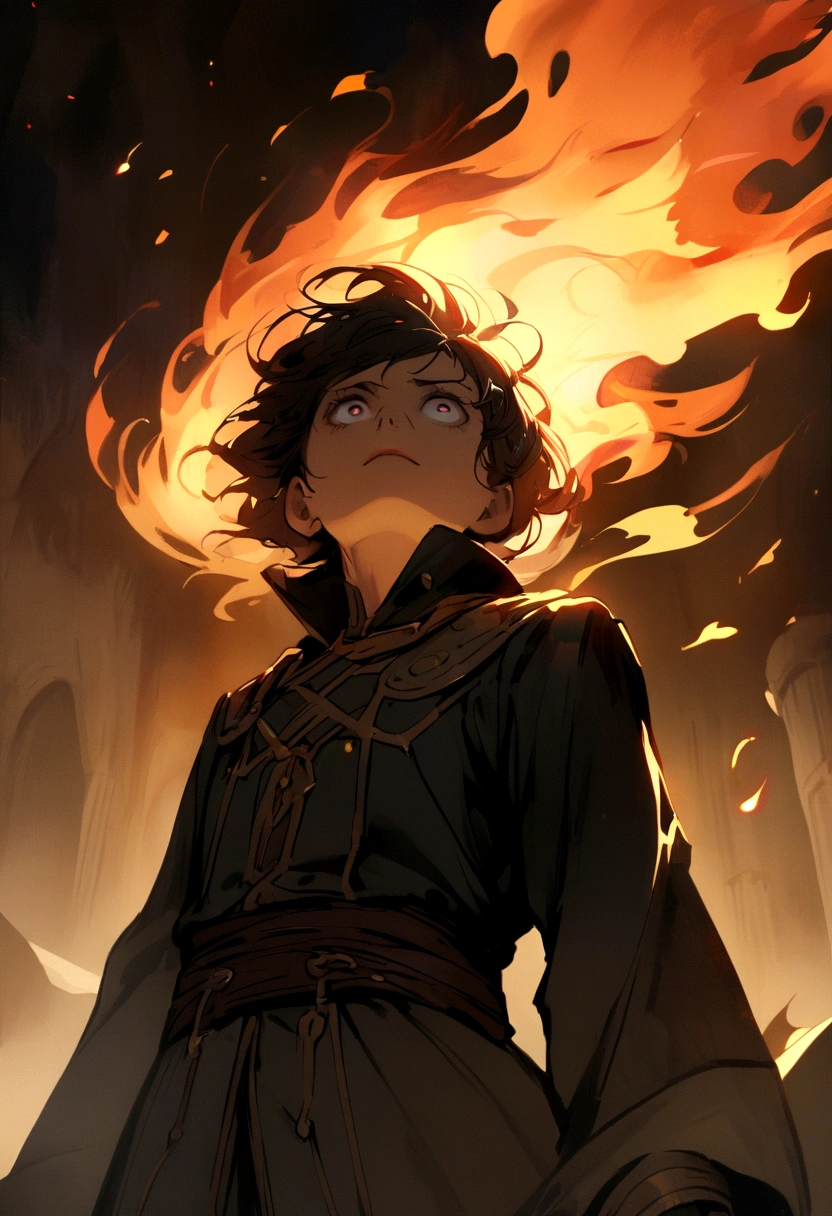 Show the protagonist trapped in the flames, looking up with a determined expression as he tries to find a way out.