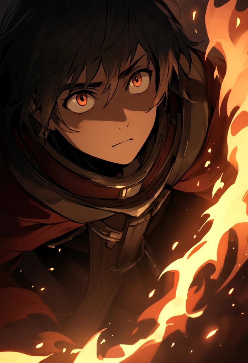 Show the protagonist trapped in the flames, looking up with a determined expression as he tries to find a way out.
