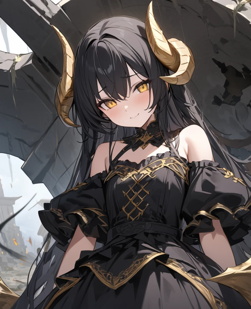 ((Fantasy,masterpiece,Highest quality,High resolution,finely)),(In front of the altar of the ancient ruins、With a nihilistic smile、Leaning on a giant battle axe that was sunk into the ground、A beautiful girl with long black hair and golden eyes,Two dragon horns growing from his head),Shoulders are exposed,Black gothic lolita costume with gold embroidery,Composition from the thighs up,The presence of an absolute champion