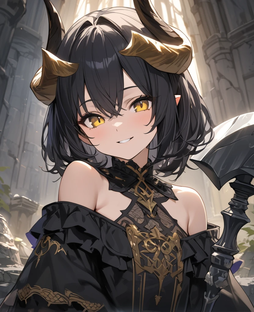 ((Fantasy,masterpiece,Highest quality,High resolution,finely)),(In front of the altar of the ancient ruins、With a nihilistic smile、Leaning on a giant battle axe that was sunk into the ground、A small, young, beautiful girl with long black hair and golden eyes.,Two dragon horns growing from his head),Shoulders are exposed,Black gothic ta costume with gold embroidery,Composition from the upper body up