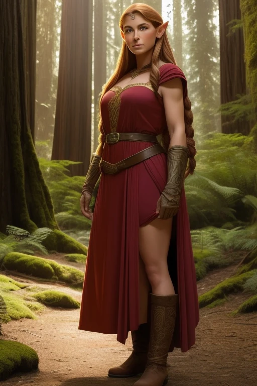 Arte similar Jonh Buscema,1female elf,long golden hair with two braids,olhos azuis, thin lips, rosto redondo,seios grandes com decote,wide hips wearing short red medieval tunic,gloves on hands and brown buccaneer boots,segurando uma espada rapieira fina e afiada,Female elf standing looking at viewer, redwood forest scenery(big trees in the background)