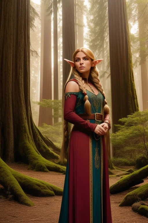 Arte similar Jonh Buscema,1female elf,long golden hair with two braids,olhos azuis, thin lips, rosto redondo,seios grandes com decote,wide hips wearing short red medieval tunic,gloves on hands and brown buccaneer boots,segurando uma espada rapieira fina e afiada,Female elf standing looking at viewer, redwood forest scenery(big trees in the background)