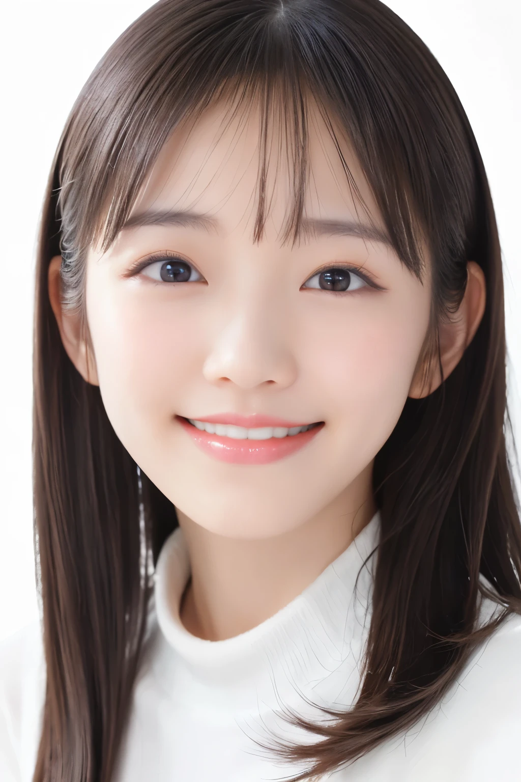 (Highest quality、Tabletop、8k、Best image quality、Award-winning works)、Cute beauty、(White fitted long sleeve knit:1.2)、(Close-fitting V-neck long-sleeve knit:1.1)、(The simplest pure white background:1.6)、(Face close-up:1.3)、(Very large breasts:1.1)、Accentuate your body lines、Beautiful and exquisite、Look at me and smile、(look straight at me:1.1)、(Perfect Makeup:1.1)、Bright lipstick、Ultra-high definition beauty face、Ultra HD Hair、Ultra HD Shining Eyes、Ultra High Resolution Perfect Teeth、Super high quality glossy lip、Accurate anatomy、Very beautiful skin、Pure white skin shining in ultra-high resolution、An elegant upright posture when viewed from the front、(Very bright:1.2)