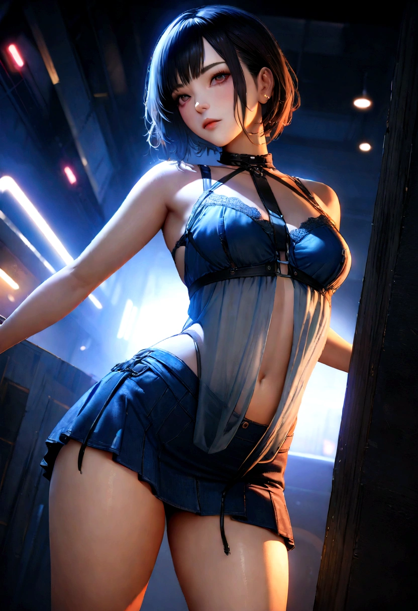Unreal Engine:1.4,Ultra-Real CG K, Realistic:1.4, Skin Texture:1.4, masterpiece:1.4,Posing from behind a beautiful woman in babydoll lingerie、Short yellow cyberpunk style outfit, Panty Media Red , Blue mini skirt,