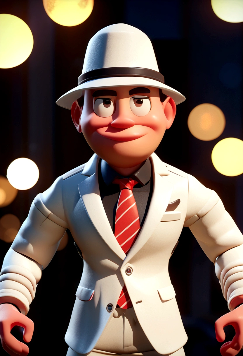 Pixar style cartoon character of a man with red tie and white suit, white hat with a red stripe animation character, Stylized character, animation style rendering, 3D stylized, Arnold Maya render, 3d stylized render, toon render keyshot , 3D Character, 3D Character, stylized 3d rendering, 3 d character render, cartoon character, Close up character, Character pose, (Pixar Style) (master part:1.2) (Bokeh) (best quality) (detailed skin ) (detailed texture) (8k) (clay) (Cinematic lighting) (sharp focus